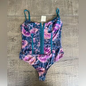 Free People Intimately Floral Mesh Corset Bodysuit Lace Up Back Size L NWT